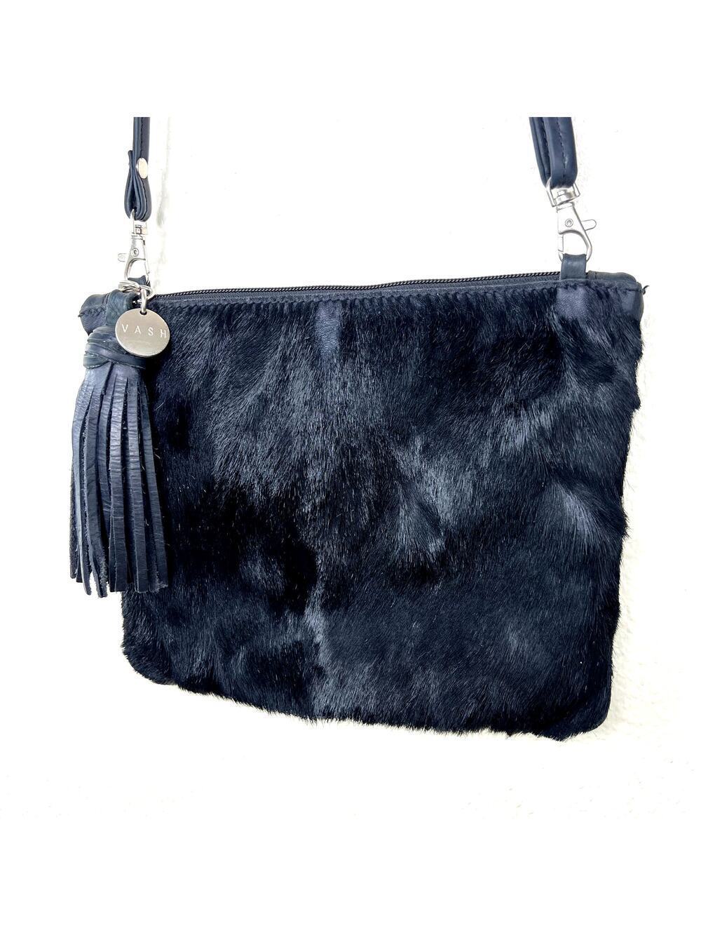 VASH Black Calf Hair Leather Crossbody Purse Bag Clutch Zipper Tassel